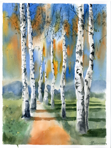 "Birch Trees Landsca…" başlıklı Tablo Paintispassion tarafından, Orijinal sanat, Suluboya