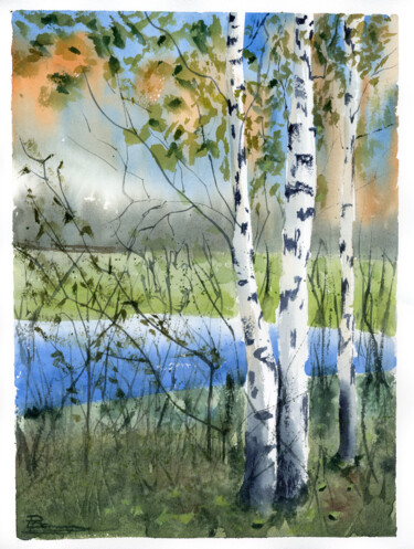 绘画 标题为“Birch Trees Landsca…” 由Paintispassion, 原创艺术品, 水彩