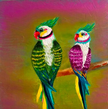 「Lovebirds of paradi…」というタイトルの絵画 Olga Baryshnikovaによって, オリジナルのアートワーク, オイル ウッドストレッチャーフレームにマウント