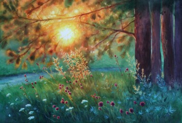 Malarstwo zatytułowany „Pine forest at suns…” autorstwa Olga Beliaeva, Oryginalna praca, Akwarela