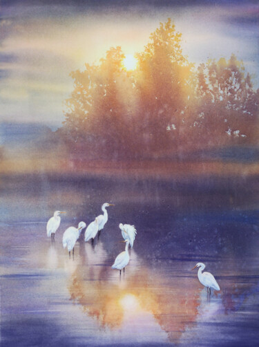 Painting titled "White herons - Grea…" by Olga Beliaeva, Original Artwork, Watercolor