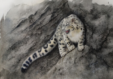 Painting titled "Snow Leopard - ounc…" by Olga Beliaeva, Original Artwork, Watercolor