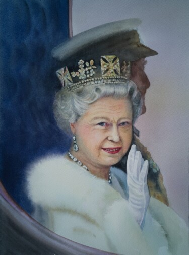 Pittura intitolato "Queen Elizabeth II…" da Olga Beliaeva, Opera d'arte originale, Acquarello