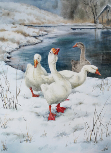 Schilderij getiteld "Gaggle of Geese  in…" door Olga Beliaeva, Origineel Kunstwerk, Aquarel