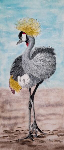 Painting titled "Crowned Crane" by Olga Belova, Original Artwork, Pigments