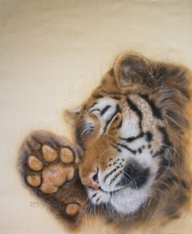 Painting titled "Dreamy tiger – Silk…" by Olga Belova, Original Artwork, Pigments