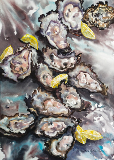 Pittura intitolato "Oysters #3" da Olga Bezlepkina, Opera d'arte originale, Acquarello