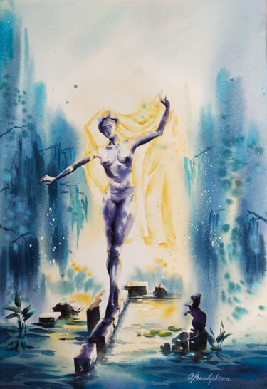Schilderij getiteld "Girl walking on a l…" door Olga Bezlepkina, Origineel Kunstwerk, Aquarel