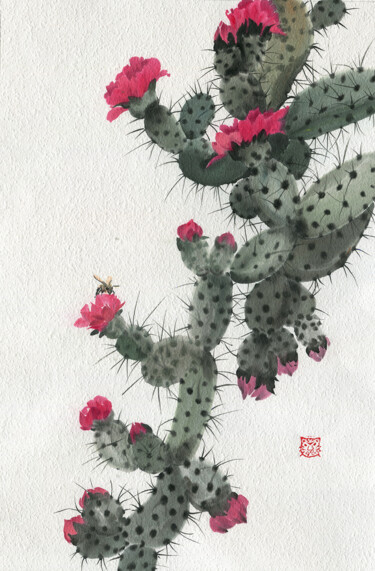 Pittura intitolato "Cactus in bloom #02" da Olga Bezlepkina, Opera d'arte originale, Inchiostro