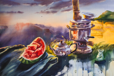 Painting titled "Sunset tea on Light…" by Olga Bezlepkina, Original Artwork, Watercolor