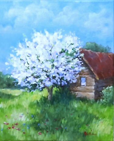 Painting titled "Blühender Baum, Frü…" by Olga Billmaier, Original Artwork, Oil Mounted on Wood Stretcher frame