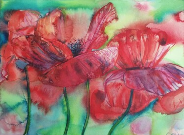 Painting titled "Red Poppy" by Olga Brink, Original Artwork, Watercolor