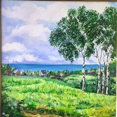 Painting titled "Paisaje con abedules" by Olga Chekurova, Original Artwork, Oil