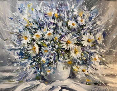 Painting titled "Daisies and cornflo…" by Olga Chernova, Original Artwork, Oil Mounted on Wood Stretcher frame