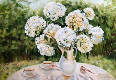 Painting titled "White hydrangeas" by Olga Chernova, Original Artwork, Oil Mounted on artwork_cat.