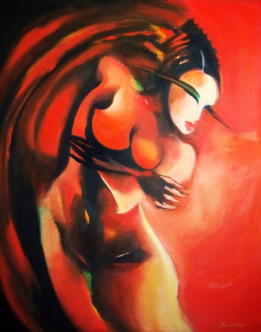 Painting titled "Red Meets Balance" by Olga David, Original Artwork, Oil Mounted on Wood Stretcher frame