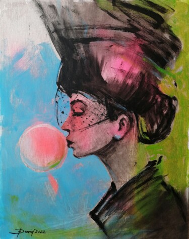 Painting titled "We love bubble gum…" by Olga David, Original Artwork, Acrylic Mounted on Wood Panel