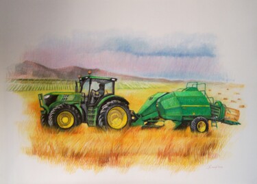 Drawing titled "Tracteur vert sur l…" by Olga David, Original Artwork, Pastel