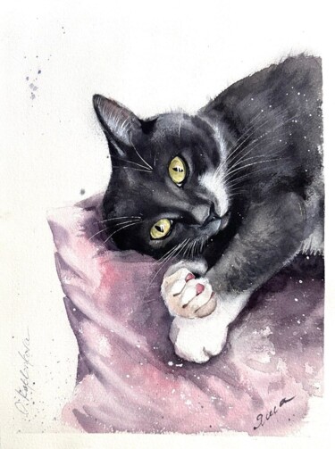 Painting titled "Cat Yasha" by Olga Kaplenkova, Original Artwork, Watercolor