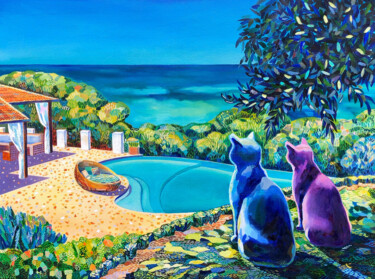 Painting titled "The Traveling Cats.…" by Olga Krasovskaya, Original Artwork, Oil Mounted on Wood Stretcher frame