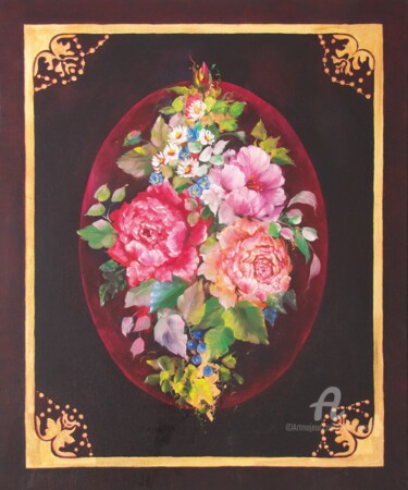 Malarstwo zatytułowany „Bouquet on Gold” autorstwa Olga Liutova-Amplatz, Oryginalna praca, Olej