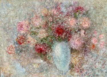 Painting titled "Tea rose" by Olga Liutova-Amplatz, Original Artwork, Oil Mounted on Wood Stretcher frame