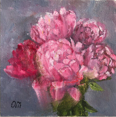 Painting titled "Peony oil painting…" by Olga Mart, Original Artwork, Oil Mounted on Cardboard