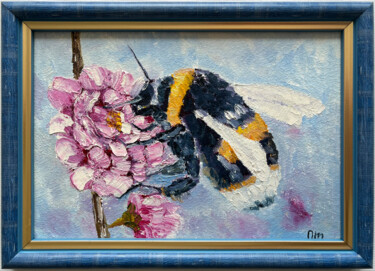 Painting titled "Bumblebee" by Olga Mart, Original Artwork, Oil Mounted on Wood Panel