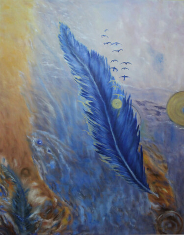 Pintura titulada "Feather bird painti…" por Olga Mart, Obra de arte original, Oleo