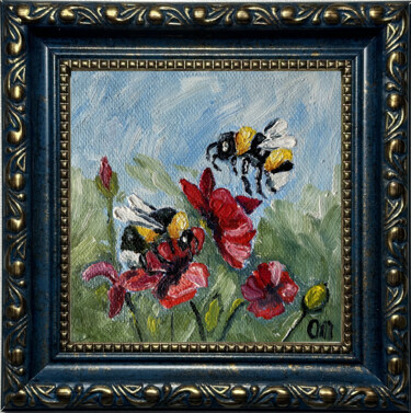 Painting titled "Bee painting" by Olga Mart, Original Artwork, Oil Mounted on Wood Panel