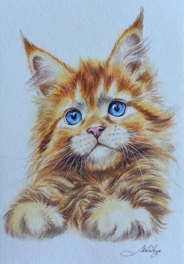 Painting titled "red kitten" by Olga Matyunina, Original Artwork, Watercolor