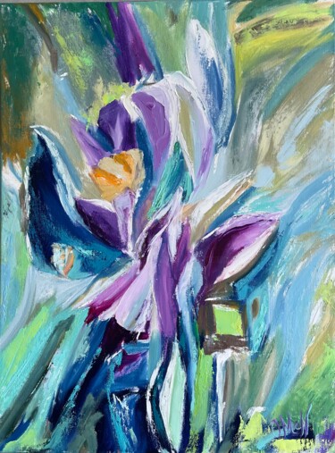 Pittura intitolato "Violet Irises in Em…" da Olga Mcnamara, Opera d'arte originale, Olio Montato su Telaio per barella in le…