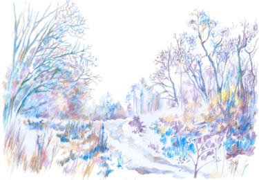 Σχέδιο με τίτλο "Winter landscape wi…" από Olga Osipenko (Mariaiva), Αυθεντικά έργα τέχνης, Κοντέ