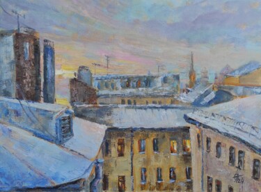 绘画 标题为“"Dawn over the roof…” 由Olga Ponomarenko, 原创艺术品, 油 安装在木质担架架上