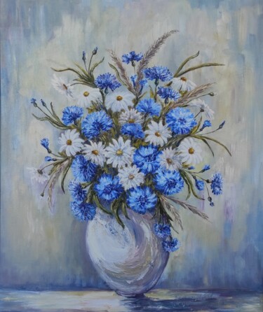 Painting titled "Daisies and cornflo…" by Olga Ponomarenko, Original Artwork, Oil Mounted on Wood Stretcher frame