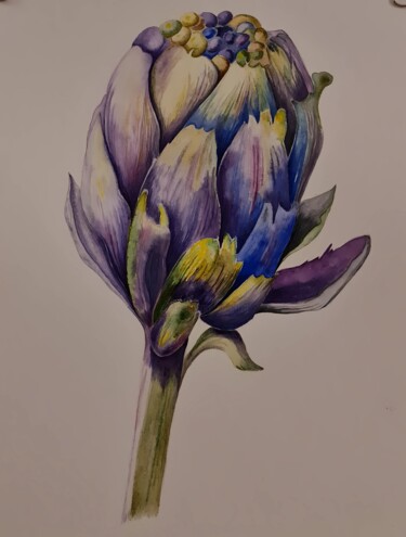 Painting titled "Blue artichoke" by Olga Poruchikova, Original Artwork, Watercolor