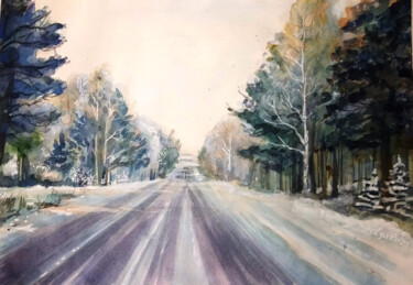 Painting titled "Winter way back home" by Olga Ro, Original Artwork, Watercolor