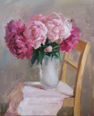 Pintura intitulada "Белые и розовые пио…" por Olga Samar, Obras de arte originais, Óleo