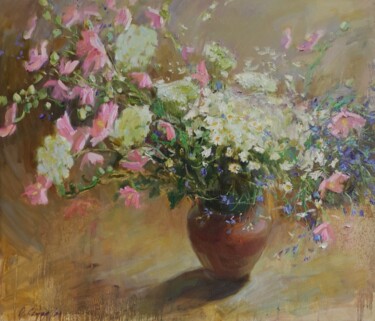 Painting titled "Bouquet de fleurs s…" by Olga Samar, Original Artwork, Oil Mounted on Wood Stretcher frame