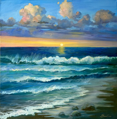 Schilderij getiteld "Sea sunset with dee…" door Olga Savelova, Origineel Kunstwerk, Olie