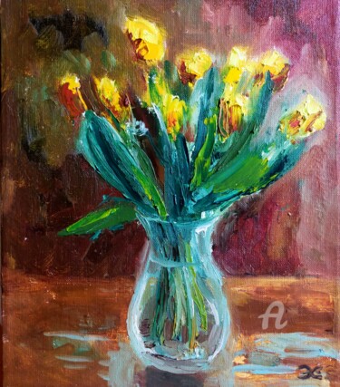 Картина под названием "Тюльпаны" - Olga Selezneva, Подлинное произведение искусства, Масло Установлен на Деревянная рама для…