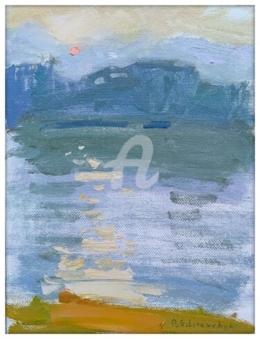 Ζωγραφική με τίτλο "sunset on the seine" από Olga Silivanchyk, Αυθεντικά έργα τέχνης, Λάδι Τοποθετήθηκε στο Ξύλινο φορείο σκ…