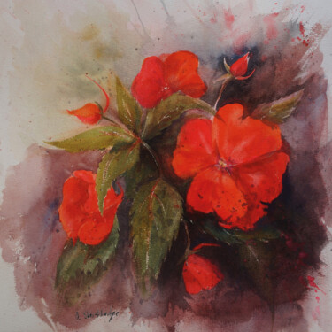 Peinture intitulée "Balsam flowers" par Olga Skhirtladze, Œuvre d'art originale, Aquarelle