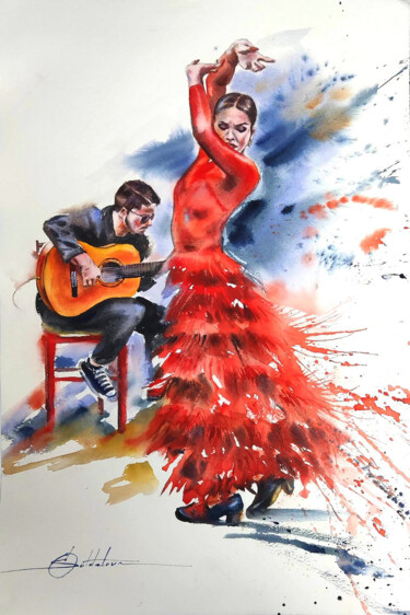 Pintura intitulada "Flamenco Passion ve…" por Olga Soldatova, Obras de arte originais, Aquarela