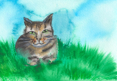Peinture intitulée "Cat" par Olga Strogonova, Œuvre d'art originale, Aquarelle