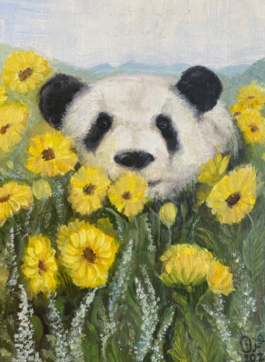 Pintura intitulada "Panda in summer" por Olga Tkachuk, Obras de arte originais, Óleo