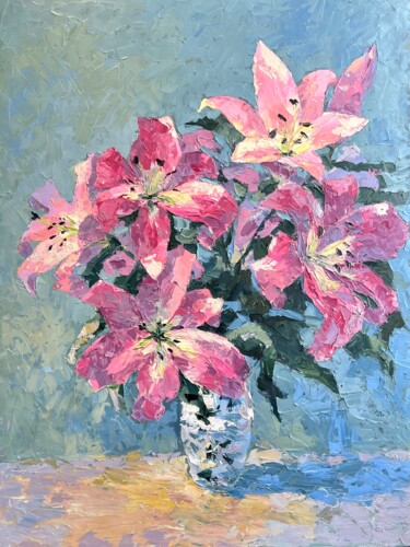 Painting titled "Pink Lilies" by Olga Ukraintseva, Original Artwork, Oil Mounted on Cardboard