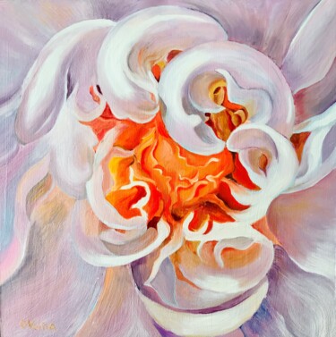 Pittura intitolato "White Pink Peony" da Olga Volna, Opera d'arte originale, Olio