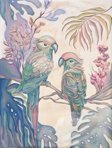 Schilderij getiteld "Pastel Parrots" door Olga Volna, Origineel Kunstwerk, Olie