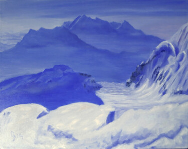 Painting titled "Blue Mountains 1" by Olga Yashchenko, Original Artwork, Oil Mounted on Wood Stretcher frame